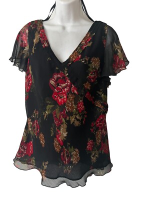 Black /Red Floral Asymmetrical Layered Ruffle Modest 2 Piece Midi Dress 14  VTG | eBay
