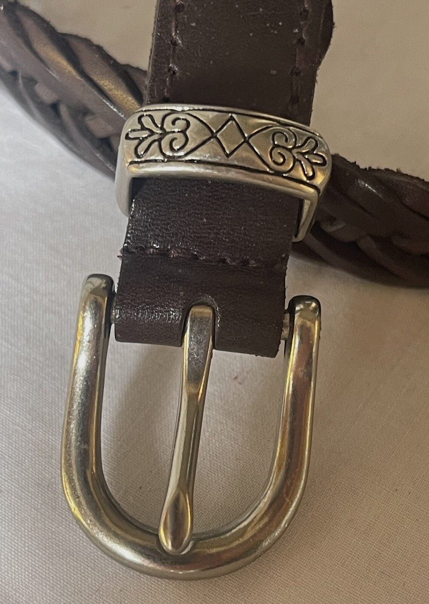Womens Vintage Silver Buckle Tip Emblem Brown Woven Leather Belt Sz.34 Leather braided criss cross woven belt women main image 2