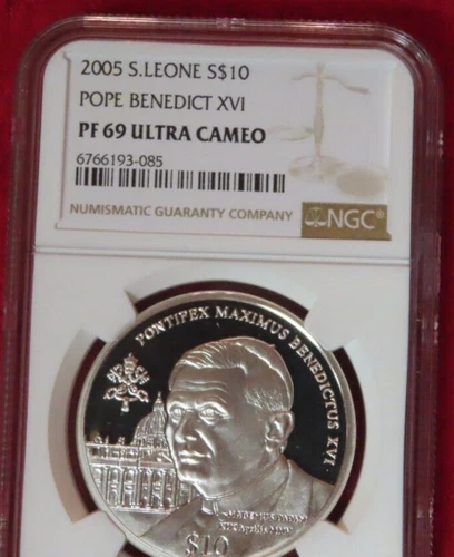 NGC PF69 Sierra Leone Africa 2005 Pope Benedict XVI Silver $10 catholic vatican