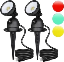2 Pack EDISHINE SpotLights Outdoor with 3 Lenses (Red Yellow Green), Dusk to Daw