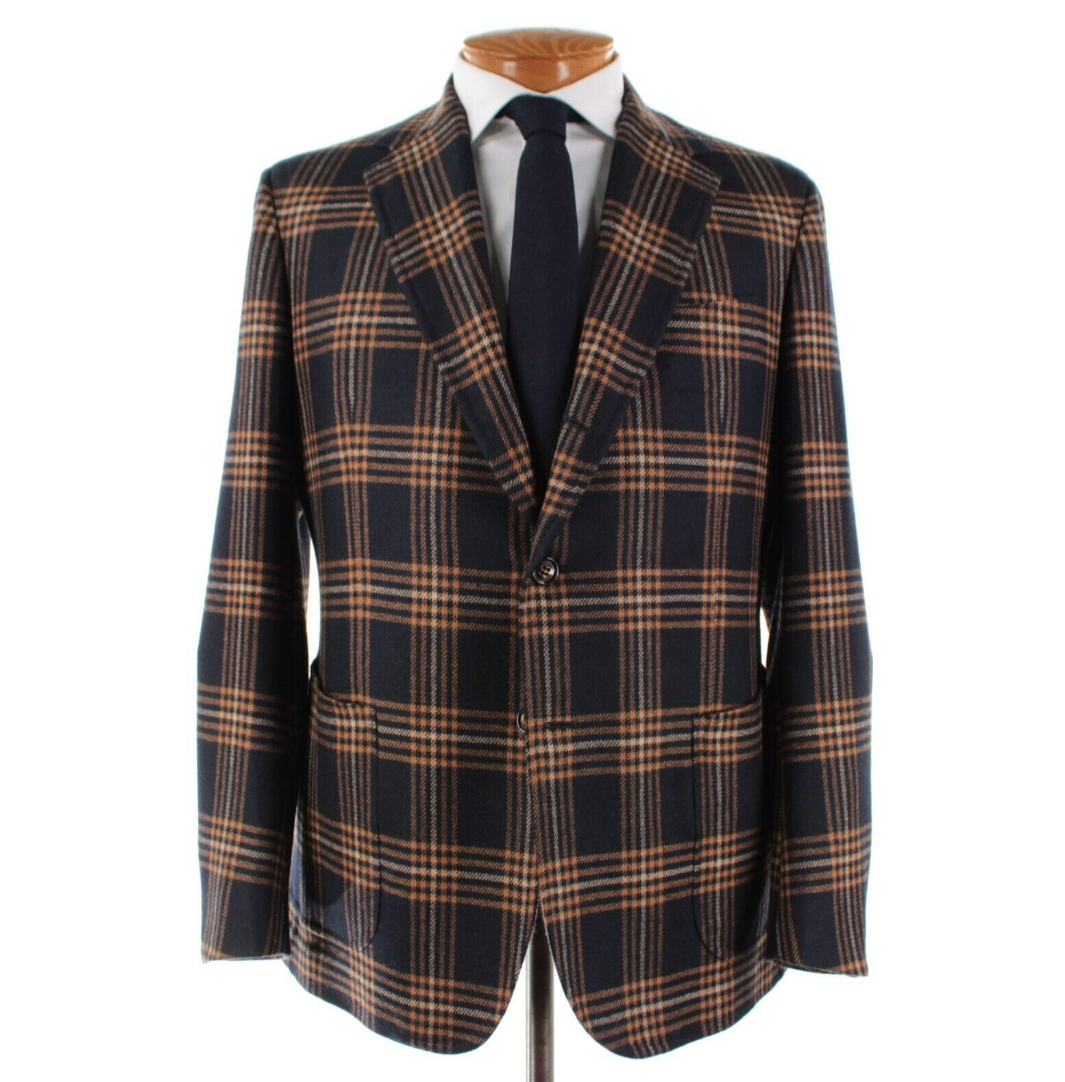 Stile Latino NWT Cashmere Sport Coat Size 54R (44R US) Blue w Brown & Tan Plaid