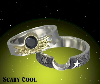 New Sun Moon Star 2Pcs Mens Womens Silver Ring