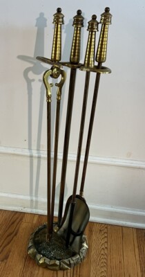 VTG  Brass Fireplace Tool Set Poker Tongs Shovel Stand Rostand