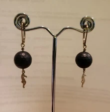 Gold filled earrings, beautiful matte finish onyx w/gold filled sea horse charm