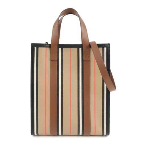 Authentic BURBERRY PVC Leather Icon Stripe 2Way Tote Bag Hand Bag Used F/S