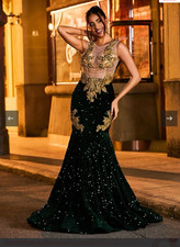 Dark Green Gold Sequin Embellished Mermaid Prom Dress Long Formal READ