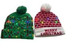 2 Green  Red Christmas Beanie Knit Hat Light Up LED Knitted Cap Adult, Kids