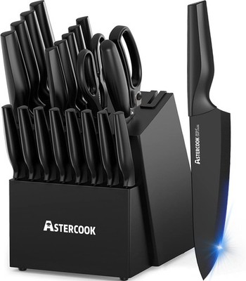 Astercook 21-piece kitchen knife set with knife block, stainless steel black.