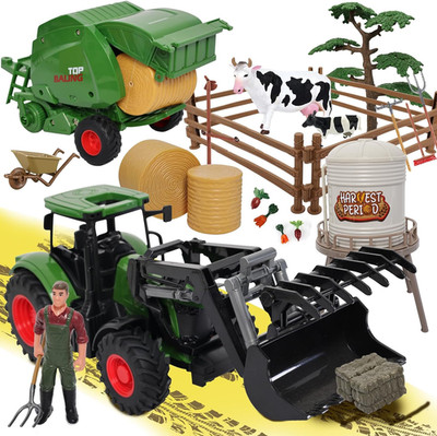 Farm Tractor Toys Set Bale Haying round Baler with Barn, Farmer,Cow,Farm Tools,T
