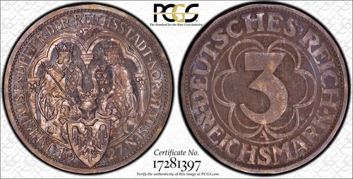 1927-A Germany Weimar 3 Mark Nordhausen PCGS PR64 Toned Proof Silver KM-52 J-327