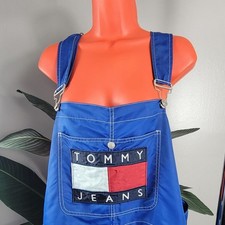 RARE 90s Tommy Hilfiger Jeans NYLON Bib Overalls Logo Patch Unisex Aaliyah Sz L