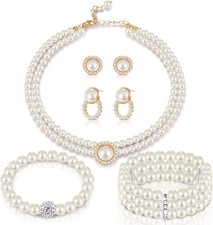 Pearl Rhinestone Jewelry Set for Women Pearl Necklace Bracelet Earrings