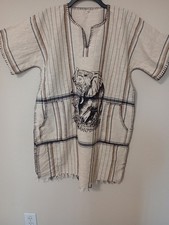 African Hand Woven Unisex Shirt With Elephant Print 34inch Long And Side Vents L