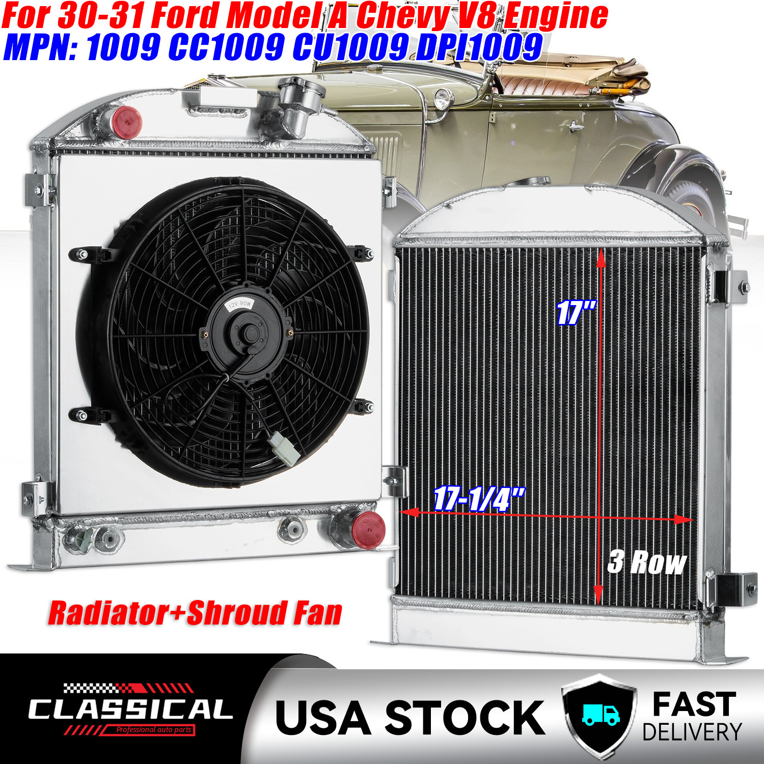 3 Row Aluminum Radiator+Shroud Fan Fit 1930-1931 Ford Model A Chevy V8 Engine;