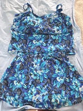 Womens 2pc Swimsuit Set, Swimtop W/ Skirt Brief, Sz 12 Blue Floral Style 5200