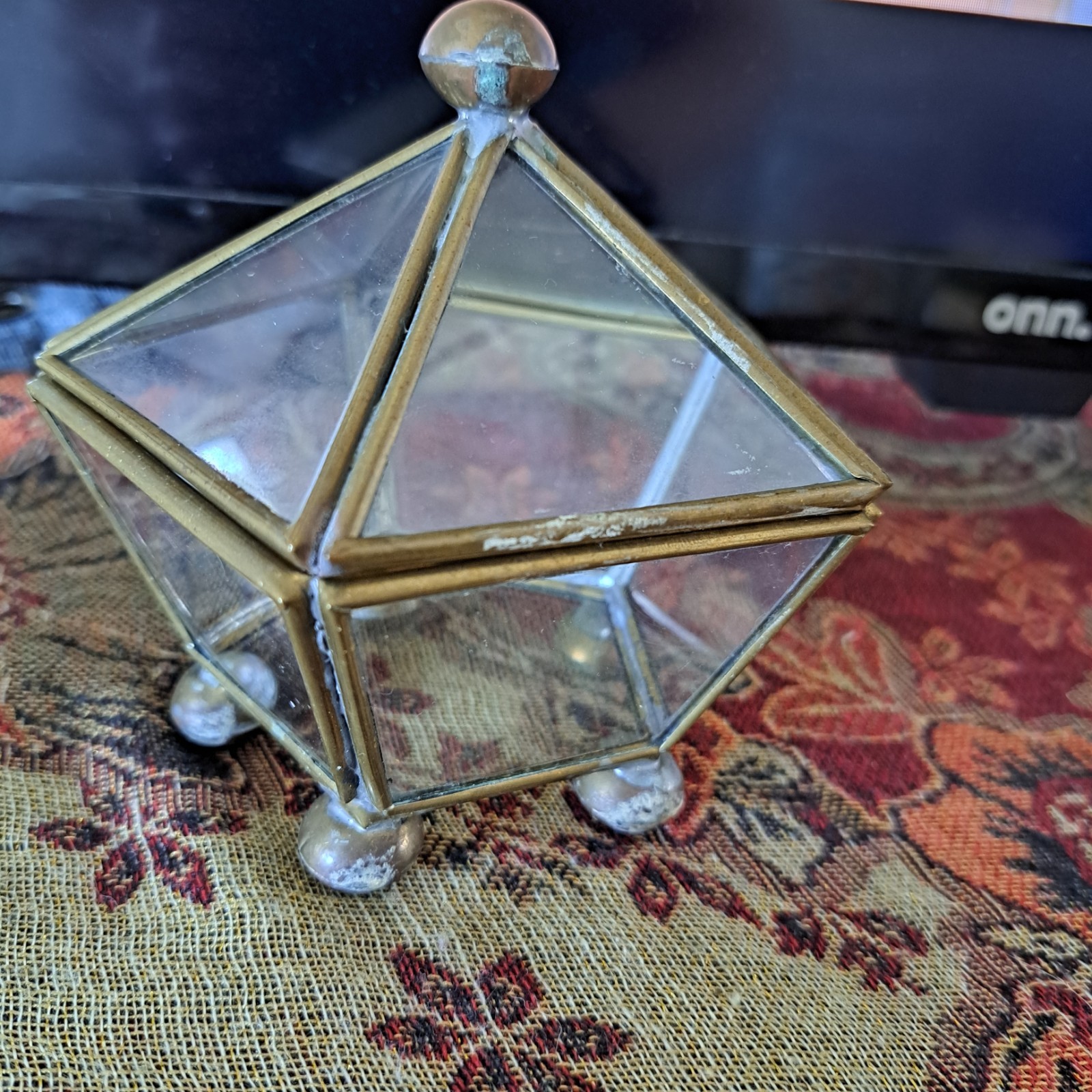 Vintage Glass & Brass 5 Sided  Trinket Box With Lid Jewelry Display Case