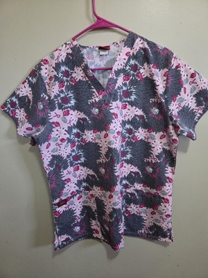 Denice Women's Size Small Scrub Top, Multicolored Breast Cancer Awareness Print
