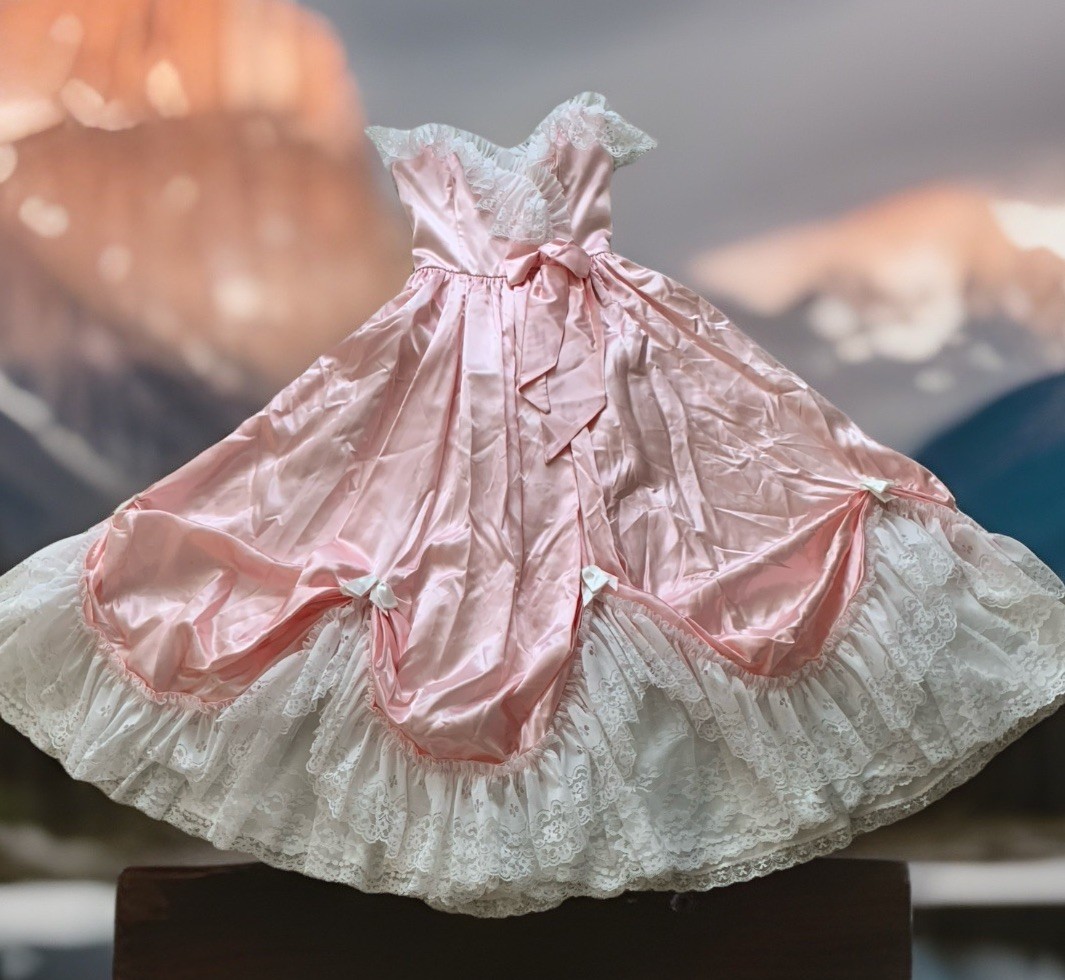 Pink Satin Loralie Formal Dress Lace Bo Peep Gown Vtg Satin Lace trim strapless