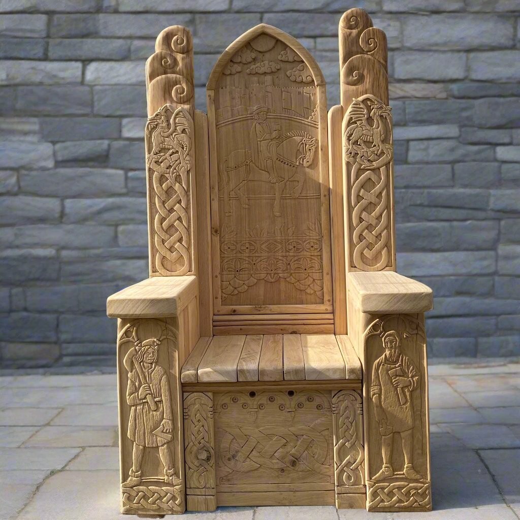 Medieval Carved Wooden Throne – Celtic Knotwork & Intricate Knight Design, Handm