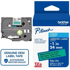 Genuine Brother TZe-751 Black on Green 24mm 1" P-Touch Label Tape