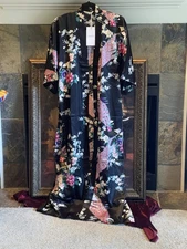 BABEYOND Peacock Floral Silky Kimono Robe One Size Black Pink Turquoise NWT