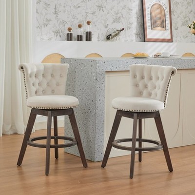 26'' 360° Swivel Counter Height Bar Stools Set of 2 Tufted Button Trimmed Wood