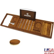 Premium Teak Bathtub Tray Expandable Caddy W/ Phone Holder Book Stand Wine Glass