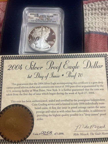 2004 W American 1 Oz 999 Silver Eagle Proof Coin ICG PR70 DCAM