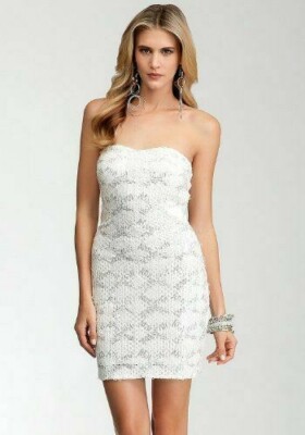 NEW bebe white sequin lace strapless bustier cross back mesh top