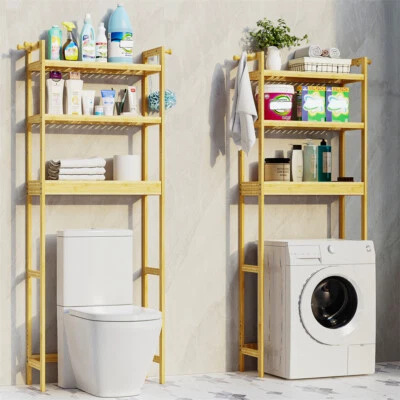 Toilettenregal Badregal mit Haken Waschmaschinenschrank Bambus Holz 63x26x170cm - Bild 1 von 4