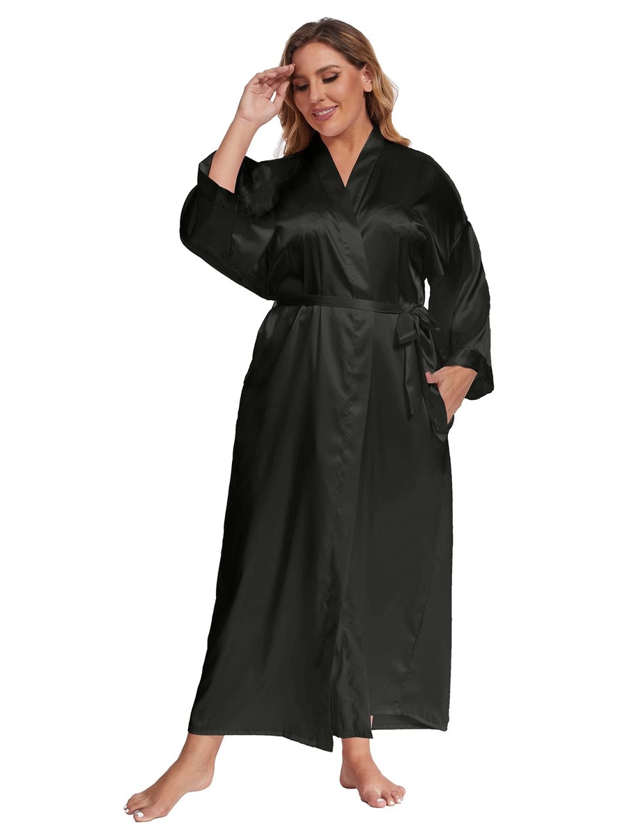Feslieacc Women's Plus Size Long Satin Robes Plus Size Long Silk Robes Kimonos Sleepwear Dressing Gown