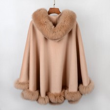 Women's New Camel Cashmere Wool Wrap Cape Fox Fur Hood CLEARANCE SALE