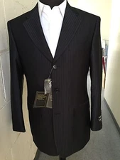 Men's 3 button Tone on Tone striped Suit Wool Feel Jacket & pants Black 38R~56L