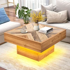 Modern LED Light Square Wood Coffee Tables with 2 Sliding Drawers with Storage