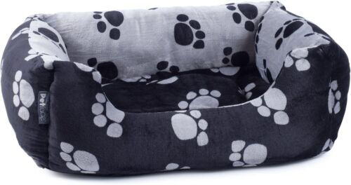 Petface Pet Dog Paws Print Reversible Plush Square Dog Bed Black Grey - Picture 1 of 4