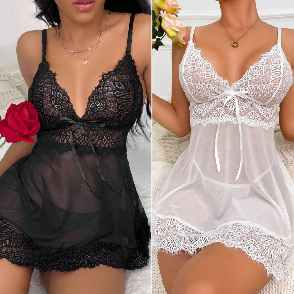 Lencería babydoll sexy para mujer Ropa de dormir Vestido Encaje Prendas para dormir Conjunto de tanga Foto 2 de 4