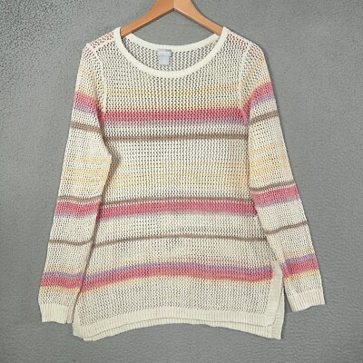 Chicos Open knit Sweater Size 2 large strip Textured Coastal Boho Lagenlook Mesh