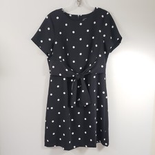 Ann Taylor Size 8P Women's Short Sleeve Polka Dot Black Shift Dress Tie Waist