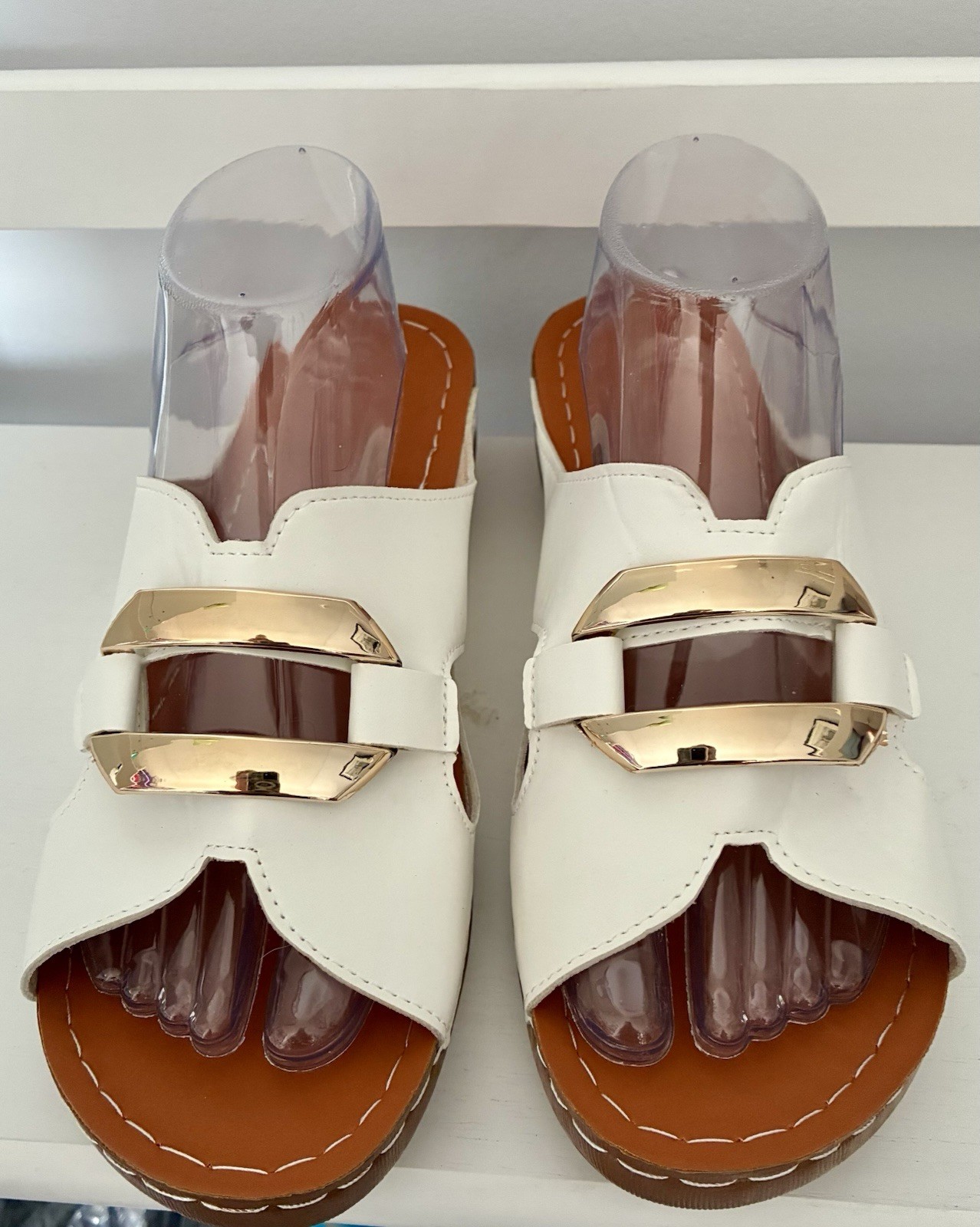 Women’s White Slide Sandals Slip-On Open Toe Gold-Tone Buckle Straps