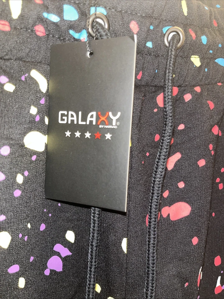 NUEVO Pantalones Cortos Negros Galaxy By Harvick Salpicaduras de Pintura JUGAR TRABAJO DURO Talla Grande Foto 3 de 4