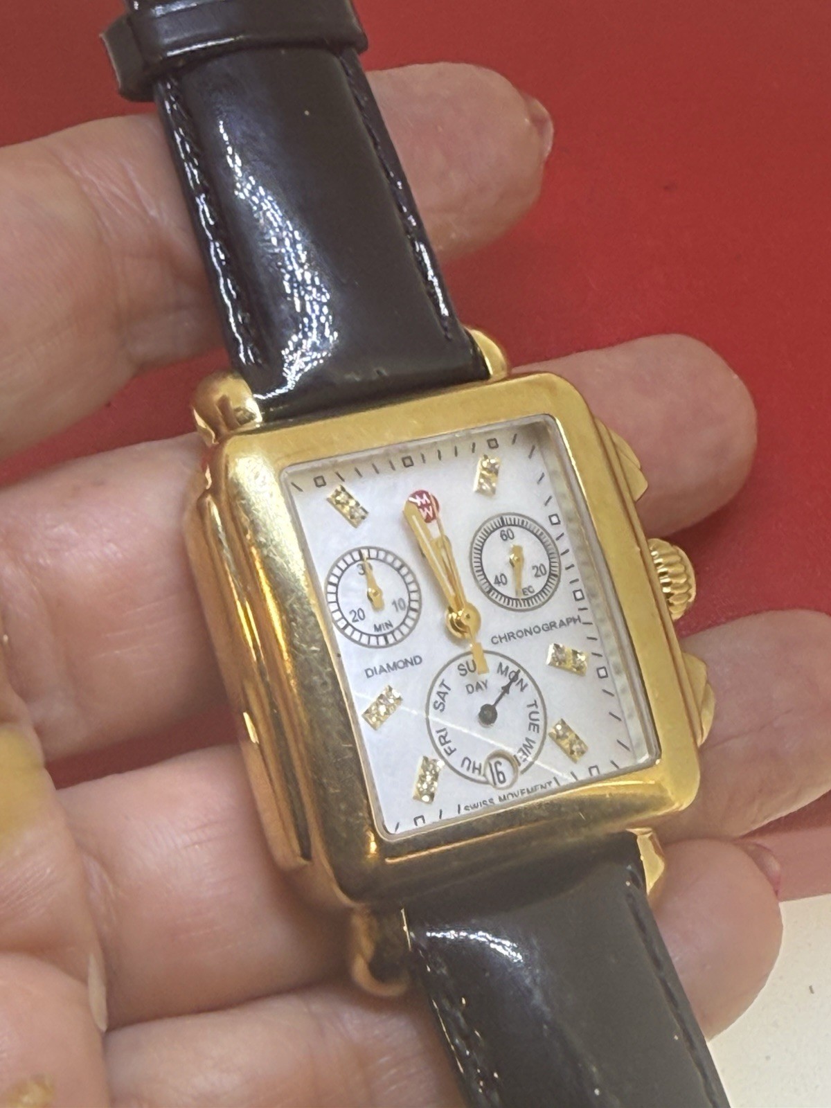 Authentic Michele Deco Diamond Dial Chronograph Gold Tone Watch