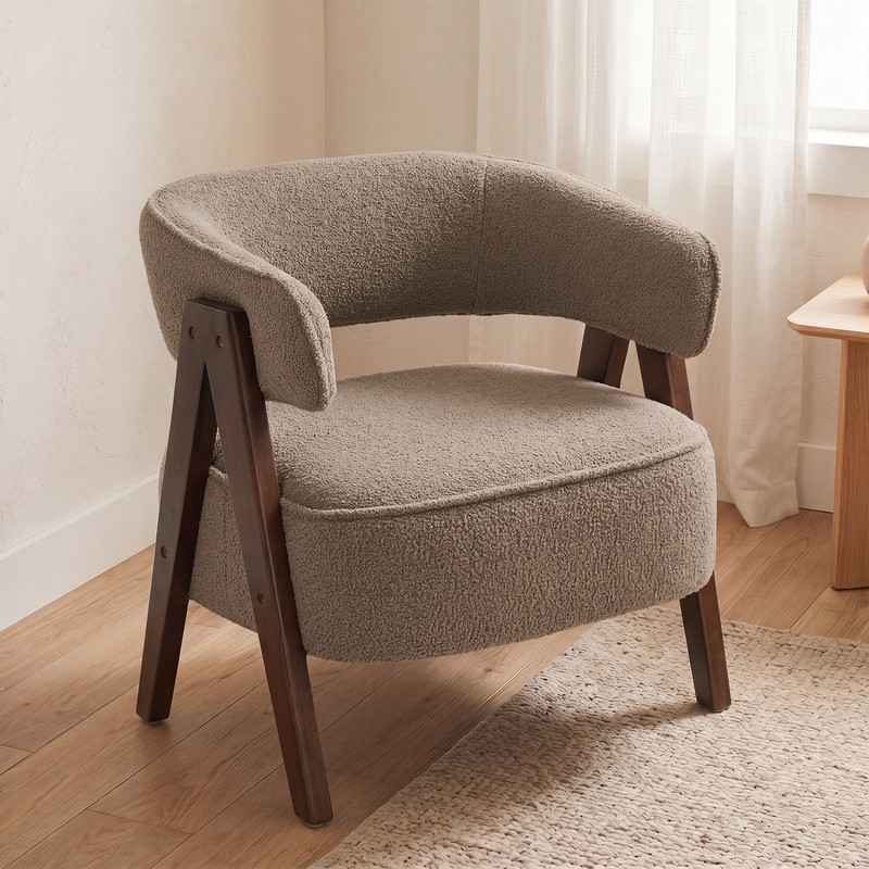 HOMCOM Modern Accent Chair Sherpa Armchair Wide Seat Wood Legs, Light Brown