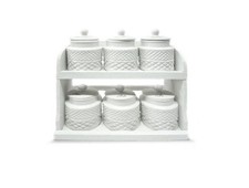 Set 6 Barattoli da Cucina per Spezie in Ceramica con Mensola in Legno