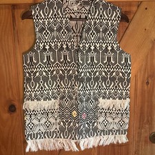 Vintage Southwestern Native Indian Style Full Print Bird Fringe Vest sz 14