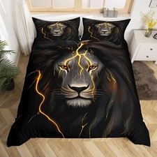 Lion Bedding Animal Duvet Cover Set King Size Lightning Lion Pattern Comforte...