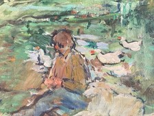 Painting Peinture Huile Toile Canard Lac Impressionniste Impressionnisme 1950