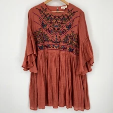 Umgee Dress Womens Large Orange Boho Embroidered Bell Sleeve Floral Festival