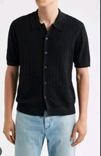 DKNY Men Textured Knit Shortsleeve Cotton Shirt BLACK Sport M Dress Button 98