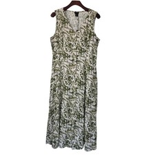 Tahari Loden Linen Blend Midi Dress Leaf Print Sleeveless Size Medium Green NWT