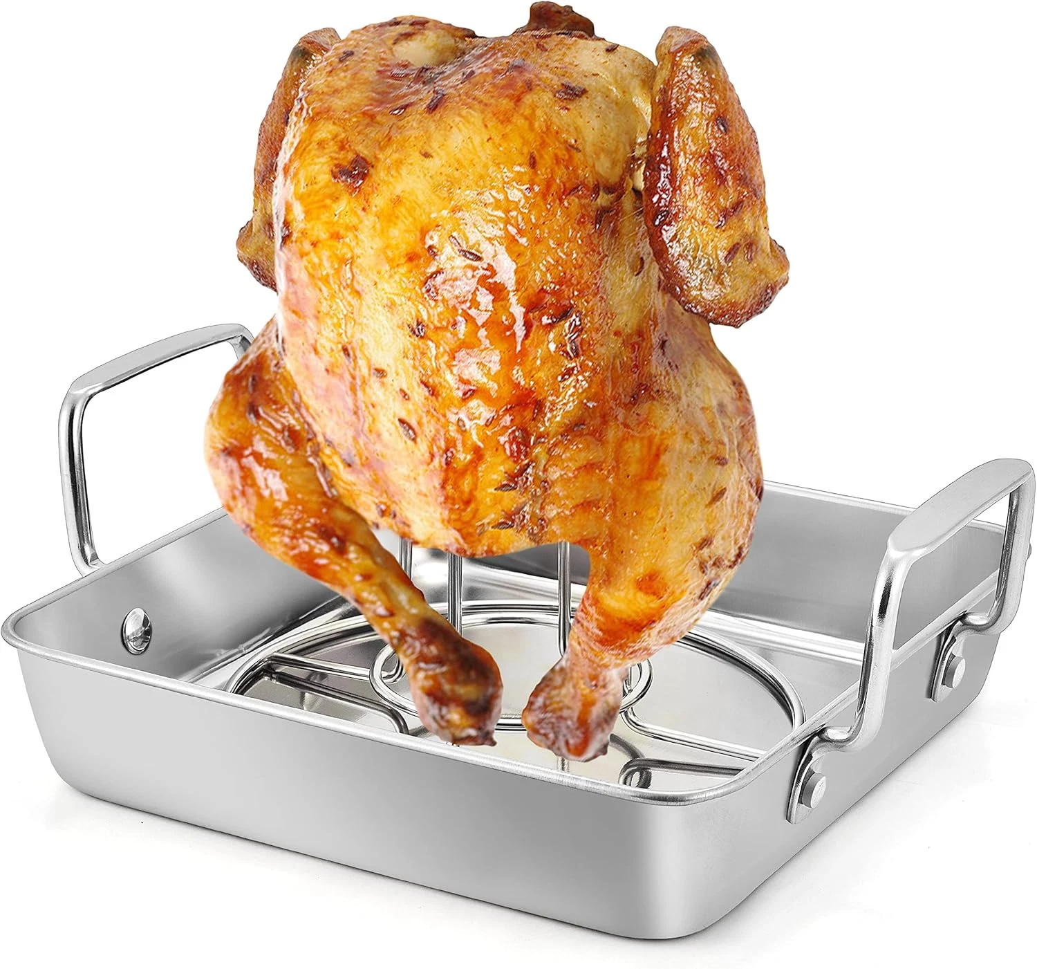 Beer Can Chicken Holder, Stainless Steel Roasting Drip Pan with Vertical Rack St